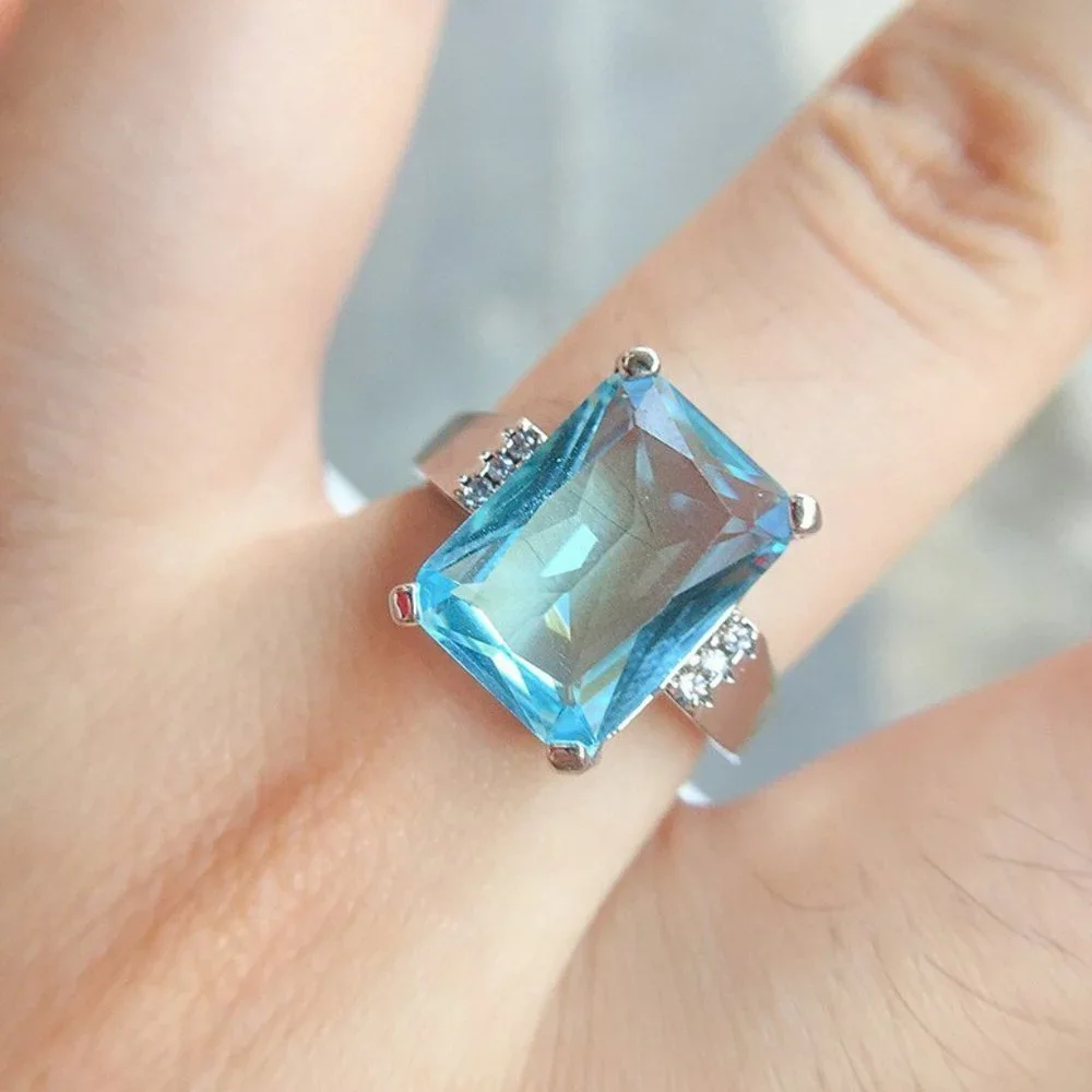 NEW Huge Aquamarine Diamond Silver Engagement Ring